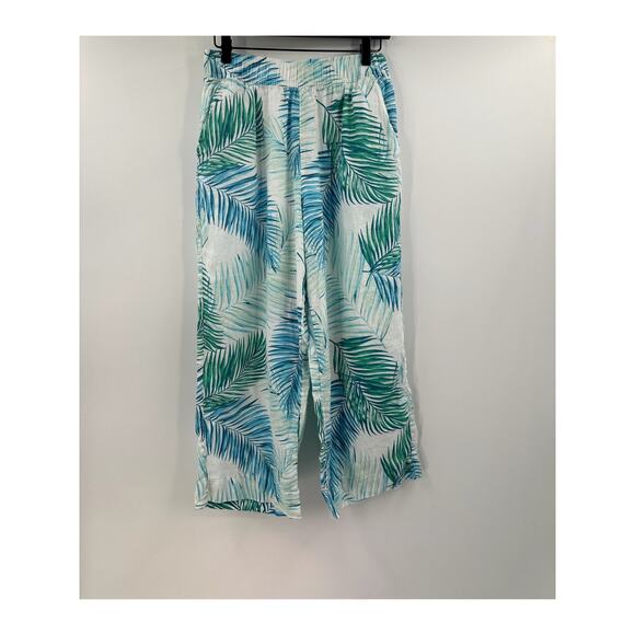 Tahari 100% Linen Blue & Green Tropical Palm Leave Wide Leg Crop Pull On Pant L - Picture 1 of 5